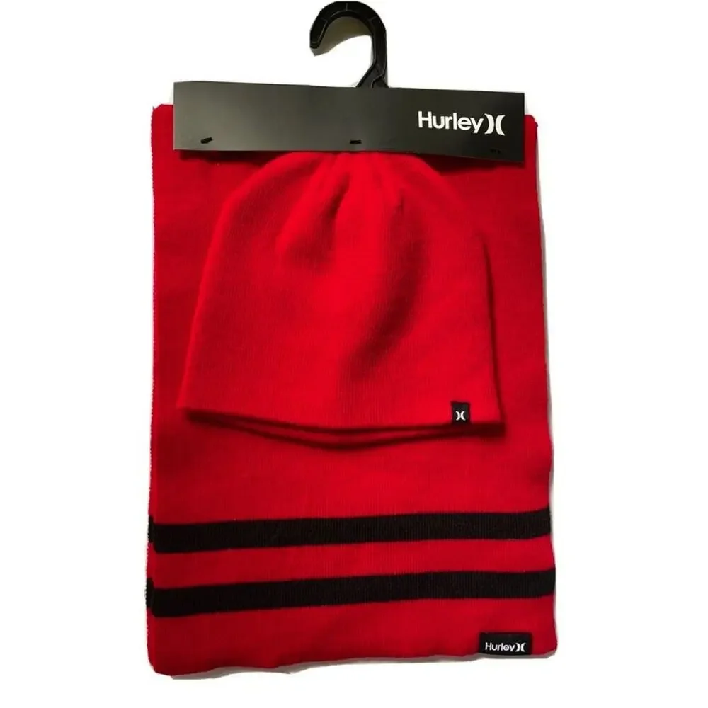 Hurley New York Winter Beanie Hat & Scarf 2 piece‎ Set Red Black Stripe One Size